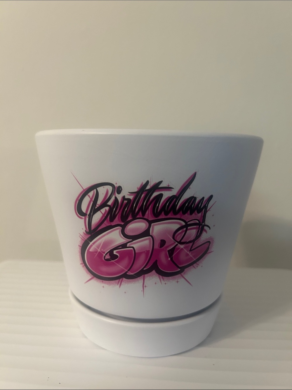 Birthday Girl White Party Planter with Pink Graffiti Design